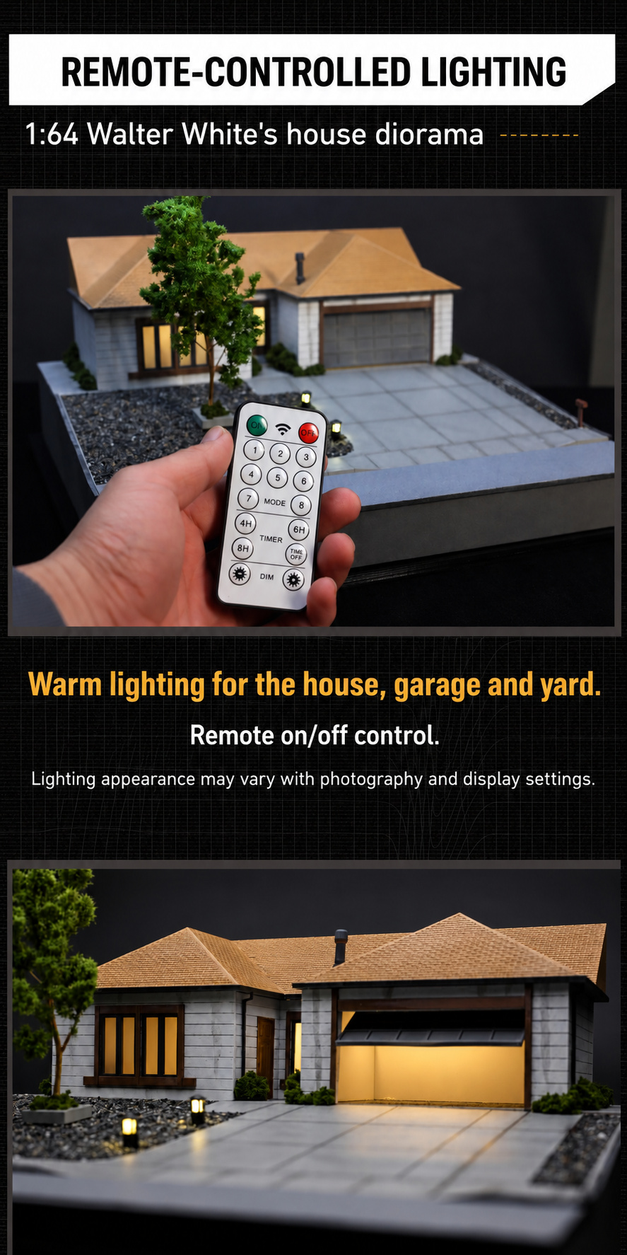 Hand holding a remote control beside the house diorama, with warm interior, garage and yard lighting shown