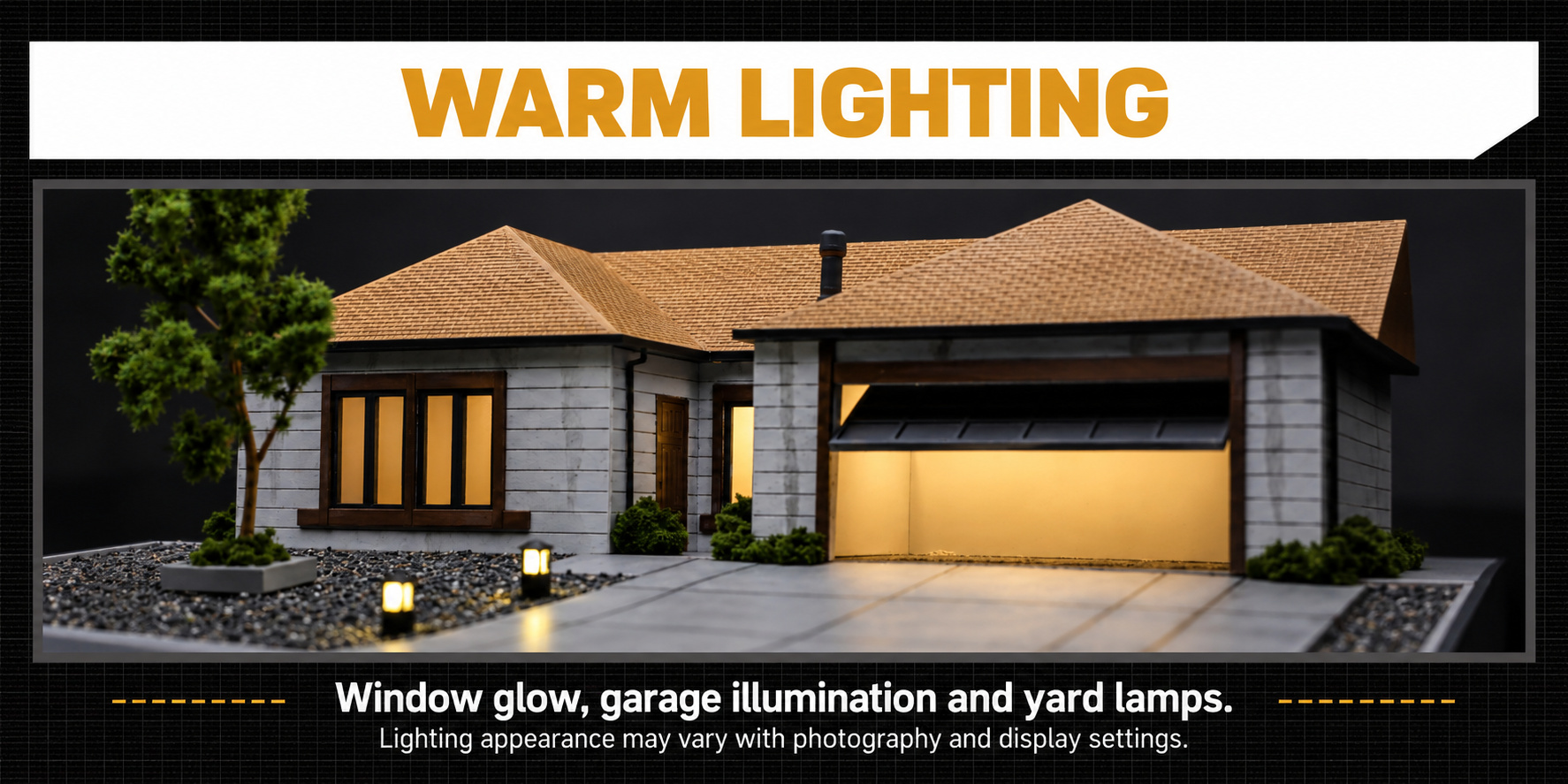 Warm lighting view showing glowing house windows, garage illumination and two miniature yard lamps