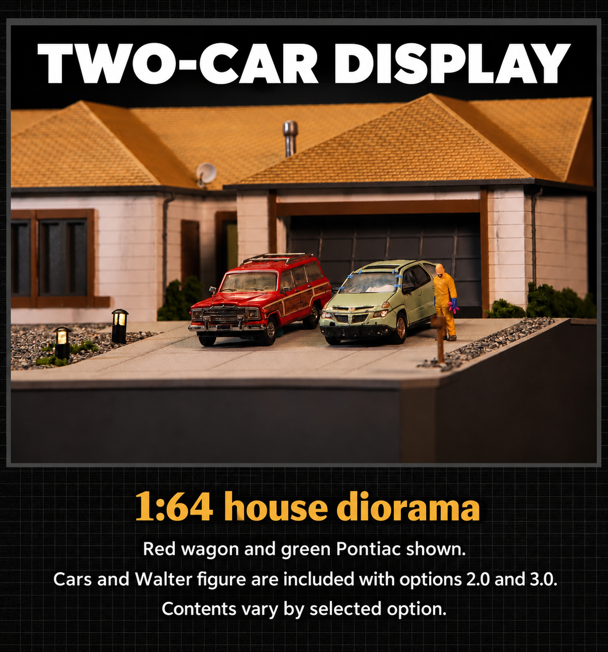 Two-car driveway display with red Skyler wagon, green Pontiac and Walter figure, included with the two-car and complete options