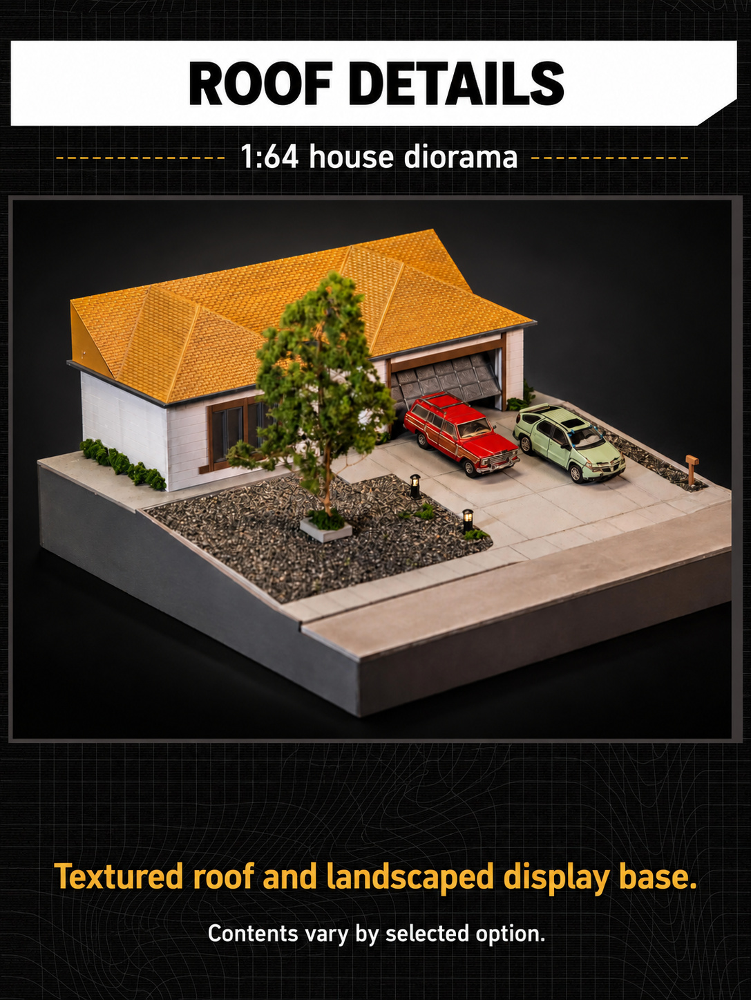 Elevated view of the tiled roof, model tree, landscaped base and two cars in front of Walter White house