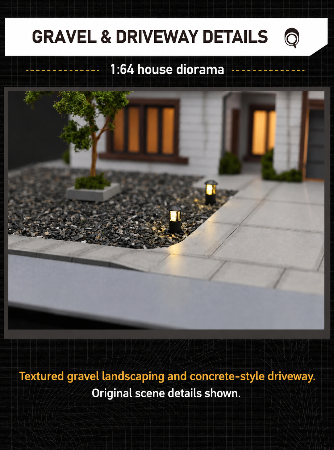 Textured gravel landscaping, concrete-style driveway and warm yard lamps beside the model house