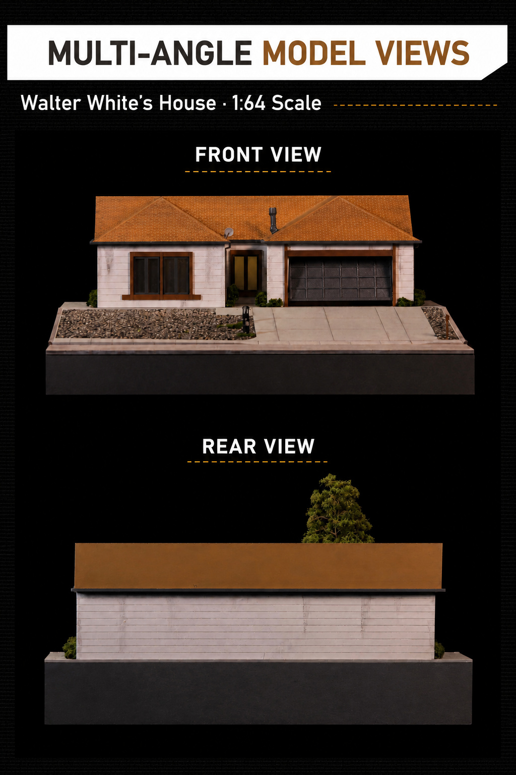 Front and rear views of Walter White house diorama on its landscaped display base