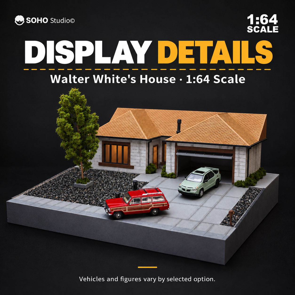 Walter White house display details with red wagon and green Pontiac; vehicles and figures depend on selected option