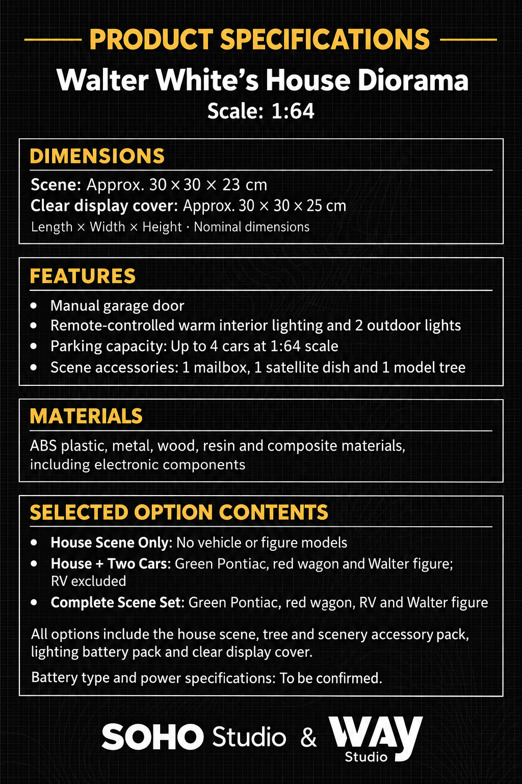 House diorama specifications card listing 1:64 scale, nominal dimensions, manual garage door, remote lighting, materials and option contents
