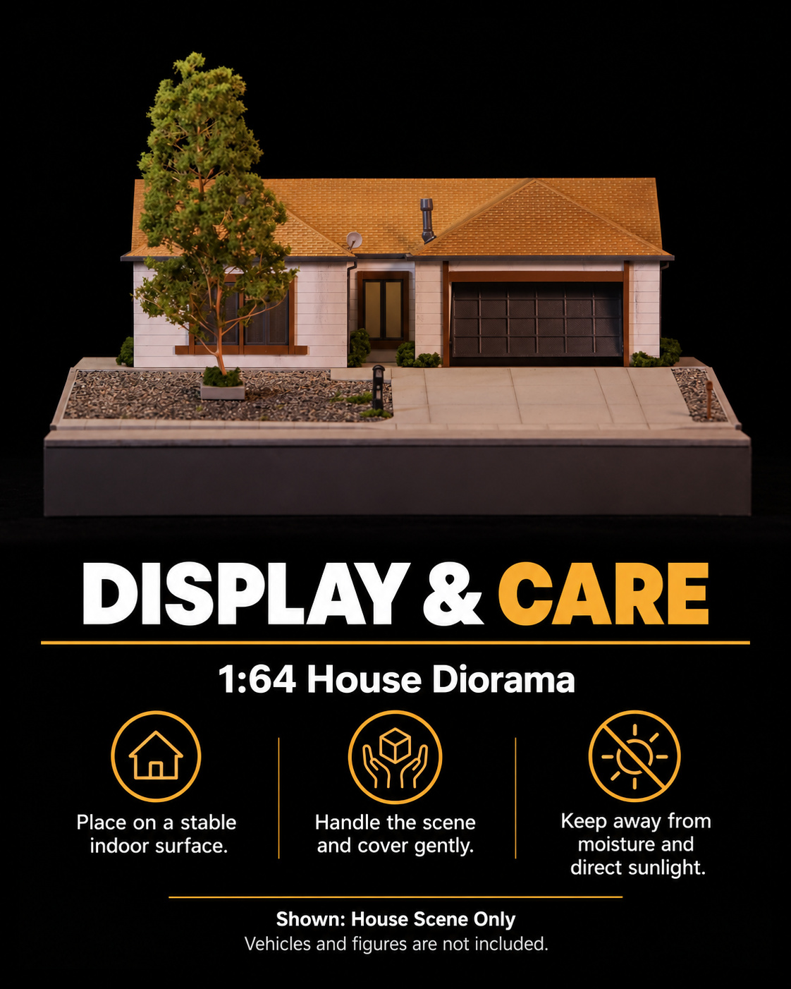 House Scene Only display and care card showing the house and tree without vehicles or figures