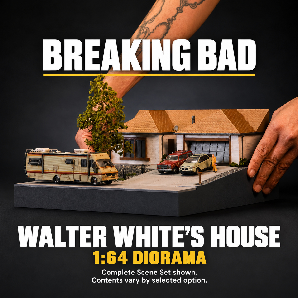 Hand-held Walter White house diorama with RV, two cars and Walter miniature shown as the Complete Scene Set in 1:64 scale