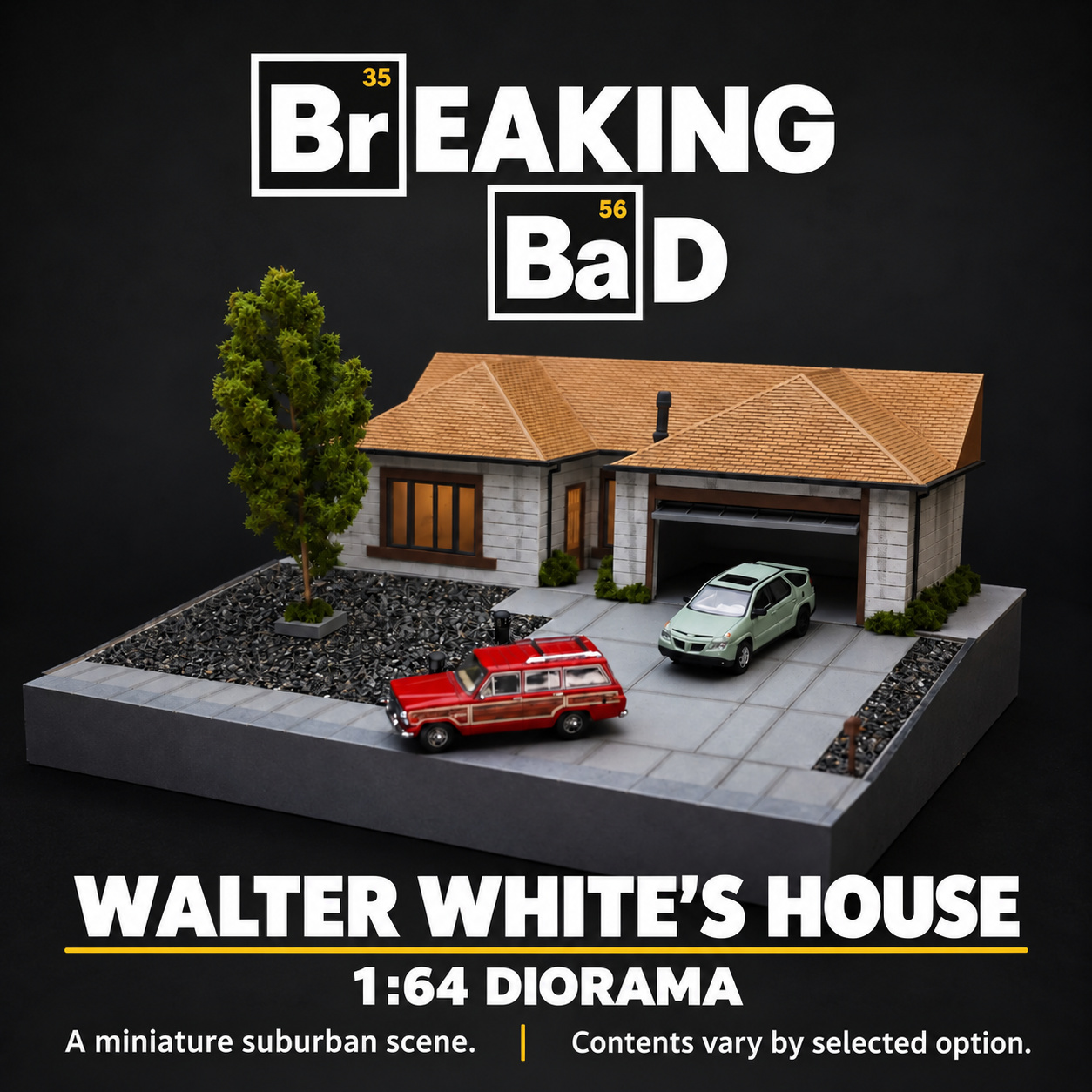 Walter White house diorama with landscaped yard, driveway, red wagon and green Pontiac; contents vary by selected option