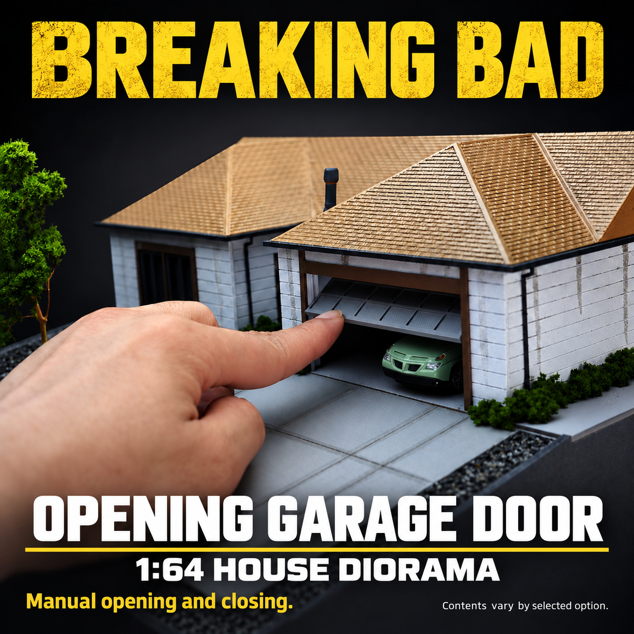 Finger demonstrating the manually opening garage door on Walter White house diorama, with a green Pontiac shown inside