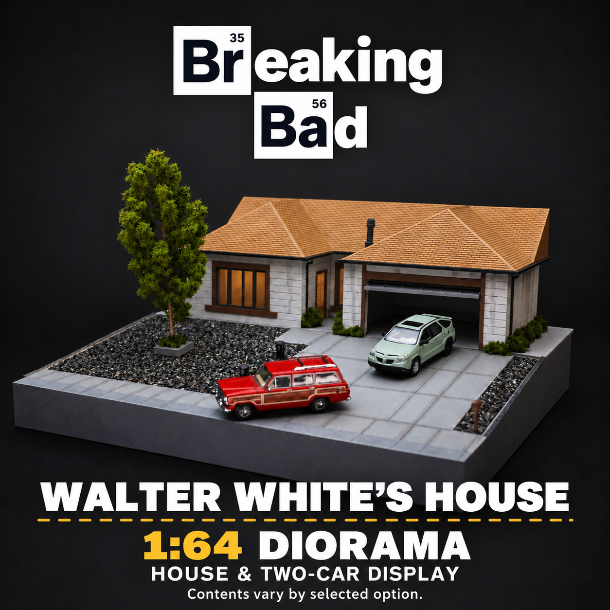 Angled Walter White house and two-car display with red wagon, green Pontiac and landscaped front yard