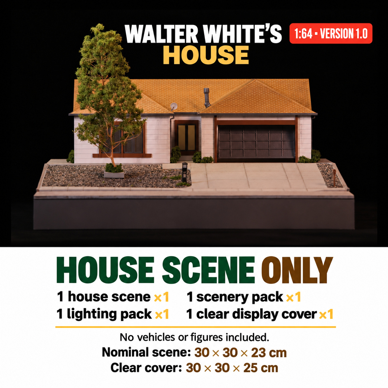 House Scene Only configuration with house, tree and scenery pack, lighting pack and clear display cover; no vehicles or figures