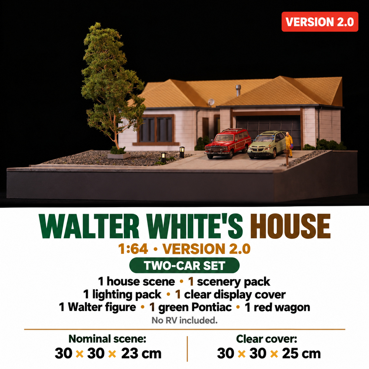 House + Two Cars configuration with green Pontiac, red Skyler wagon and one Walter figure; clear display cover included, RV excluded