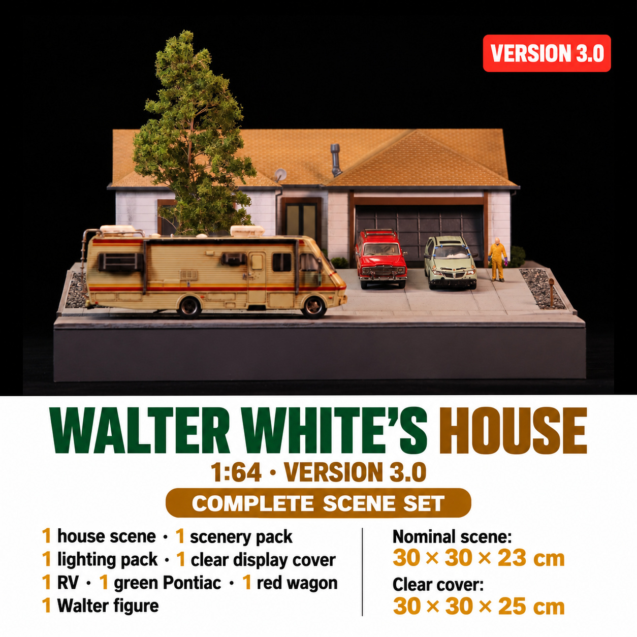 Complete Scene Set configuration with house, green Pontiac, red Skyler wagon, RV and one Walter figure; clear display cover included