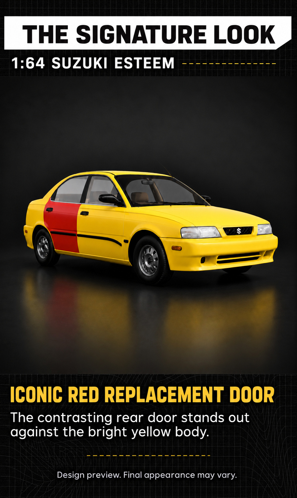 Front three-quarter prototype render of the yellow Suzuki Esteem