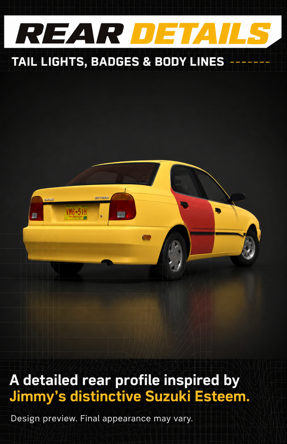 Rear body and trim details in a Suzuki Esteem prototype render