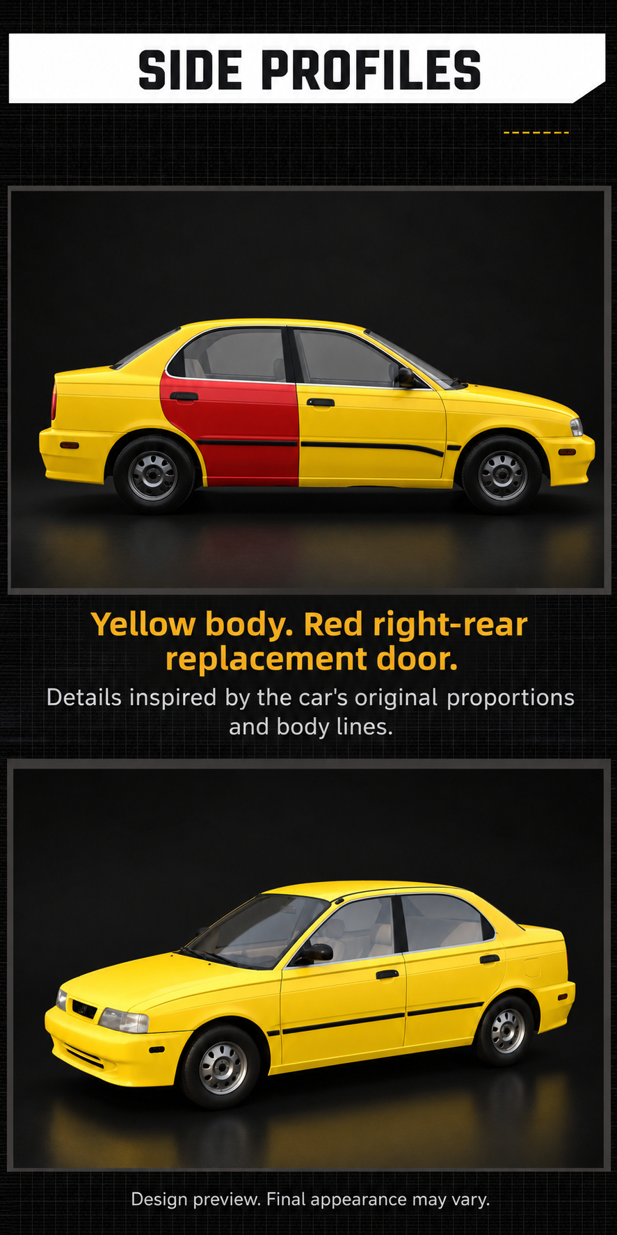 Suzuki Esteem side profiles showing one red right-rear replacement door