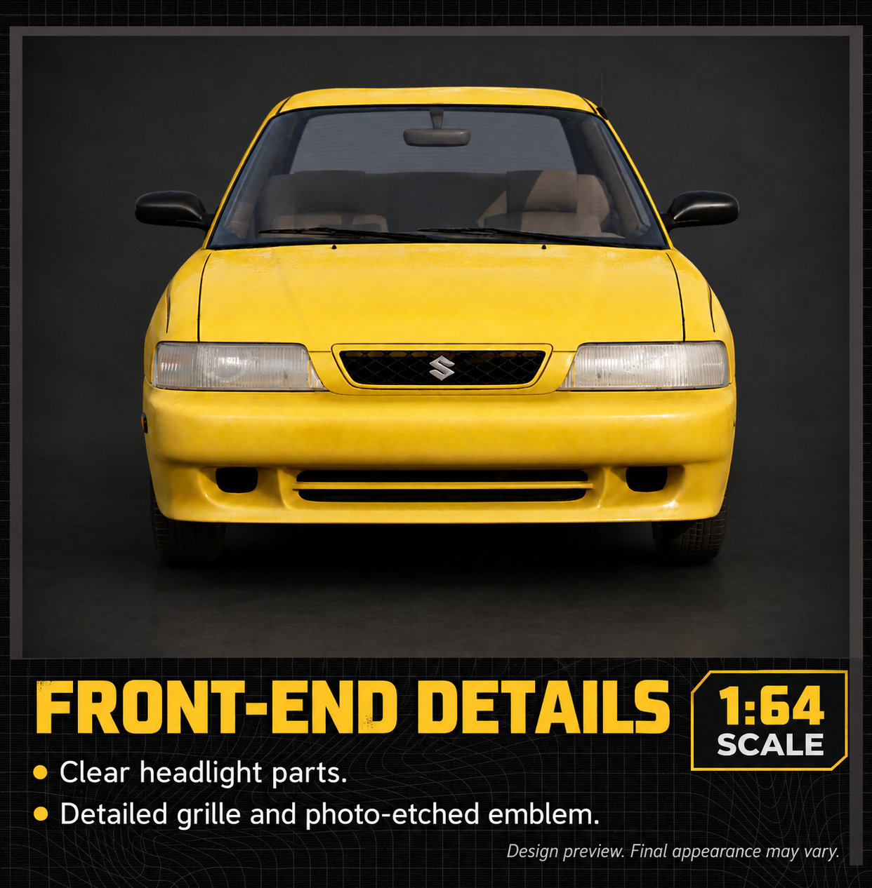 Front grille and headlight details in a prototype render