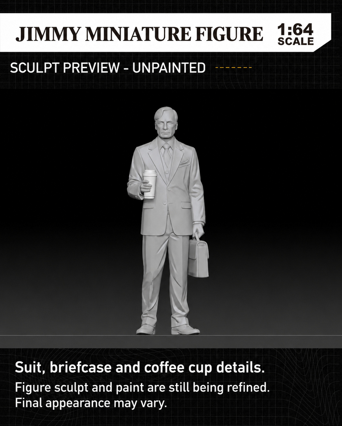 Unpainted Jimmy figure sculpt development preview with briefcase and coffee cup