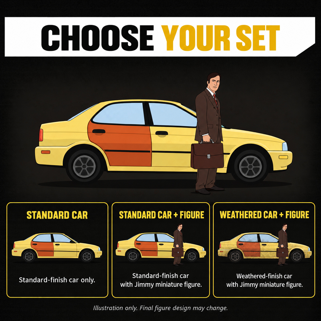 Guide to Standard Car, Standard Car + Figure and Weathered Car + Figure options