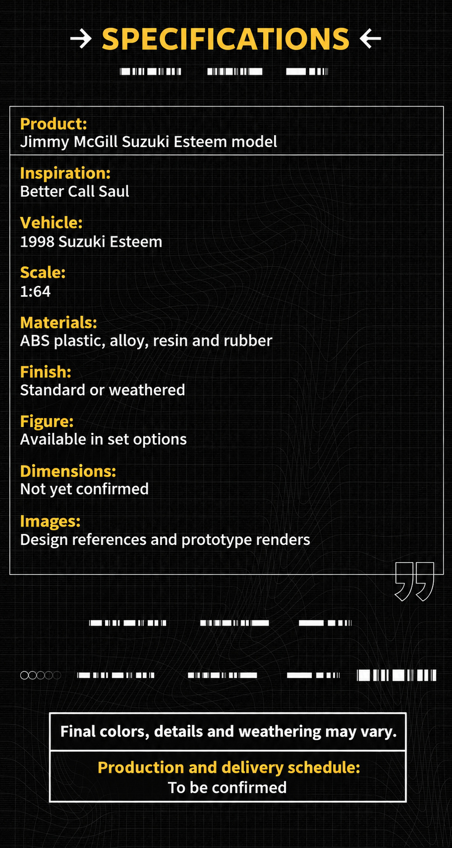 1998 Suzuki Esteem 1:64 scale and listed materials; dimensions not yet confirmed