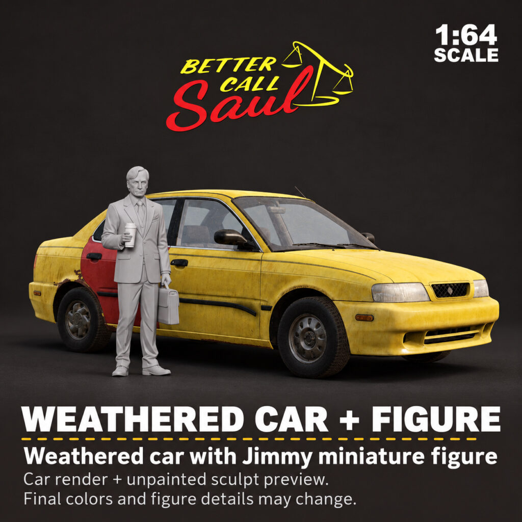 Weathered Car + Figure option: weathered Suzuki Esteem with Jimmy gray sculpt development preview
