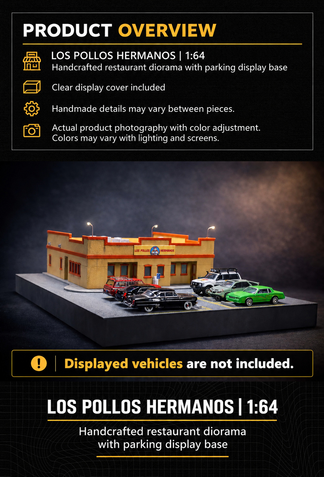 Handcrafted restaurant diorama overview with parking display base and clear display cover; displayed vehicles are not included