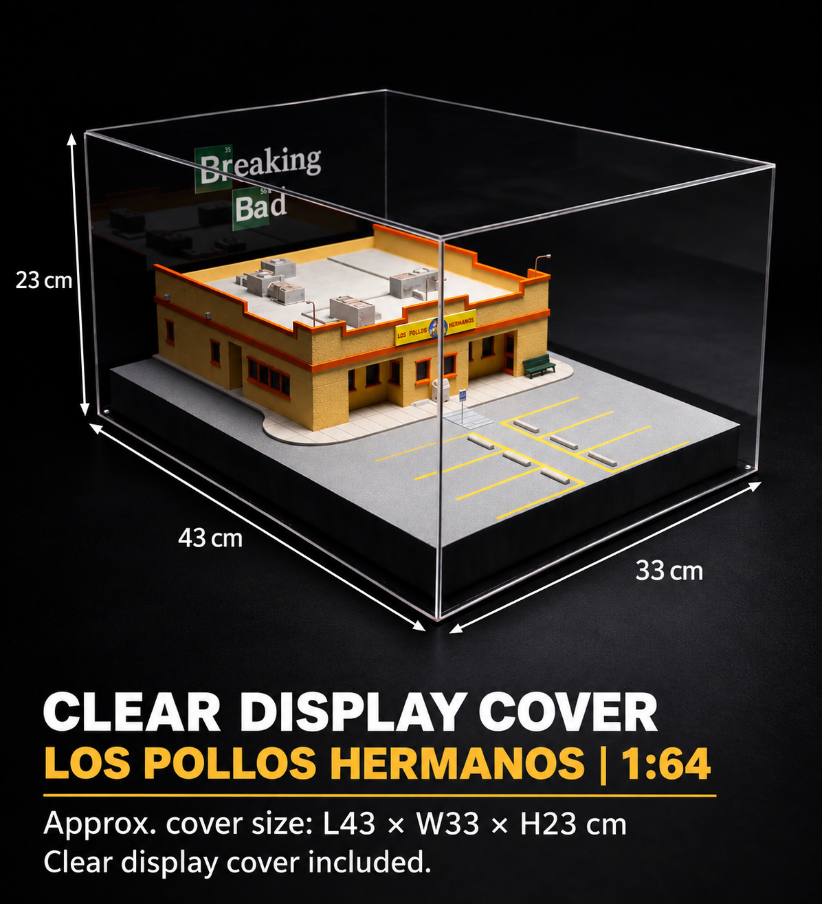 Clear display cover around the restaurant scene with approximate cover measurements L43 by W33 by H23 cm