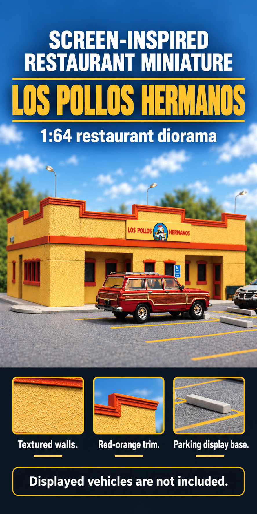 Screen-inspired miniature restaurant facade with close-ups of textured walls, red-orange trim and parking base; displayed vehicles are not included