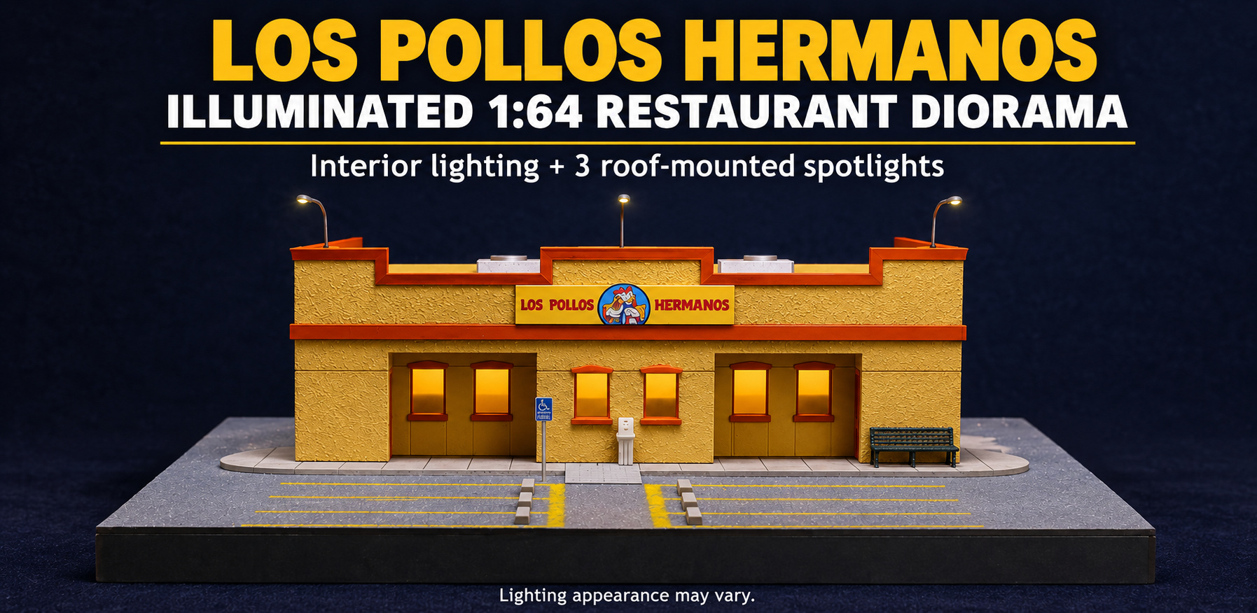 Illuminated front view of the 1:64 restaurant diorama with interior lighting and three roof-mounted spotlights