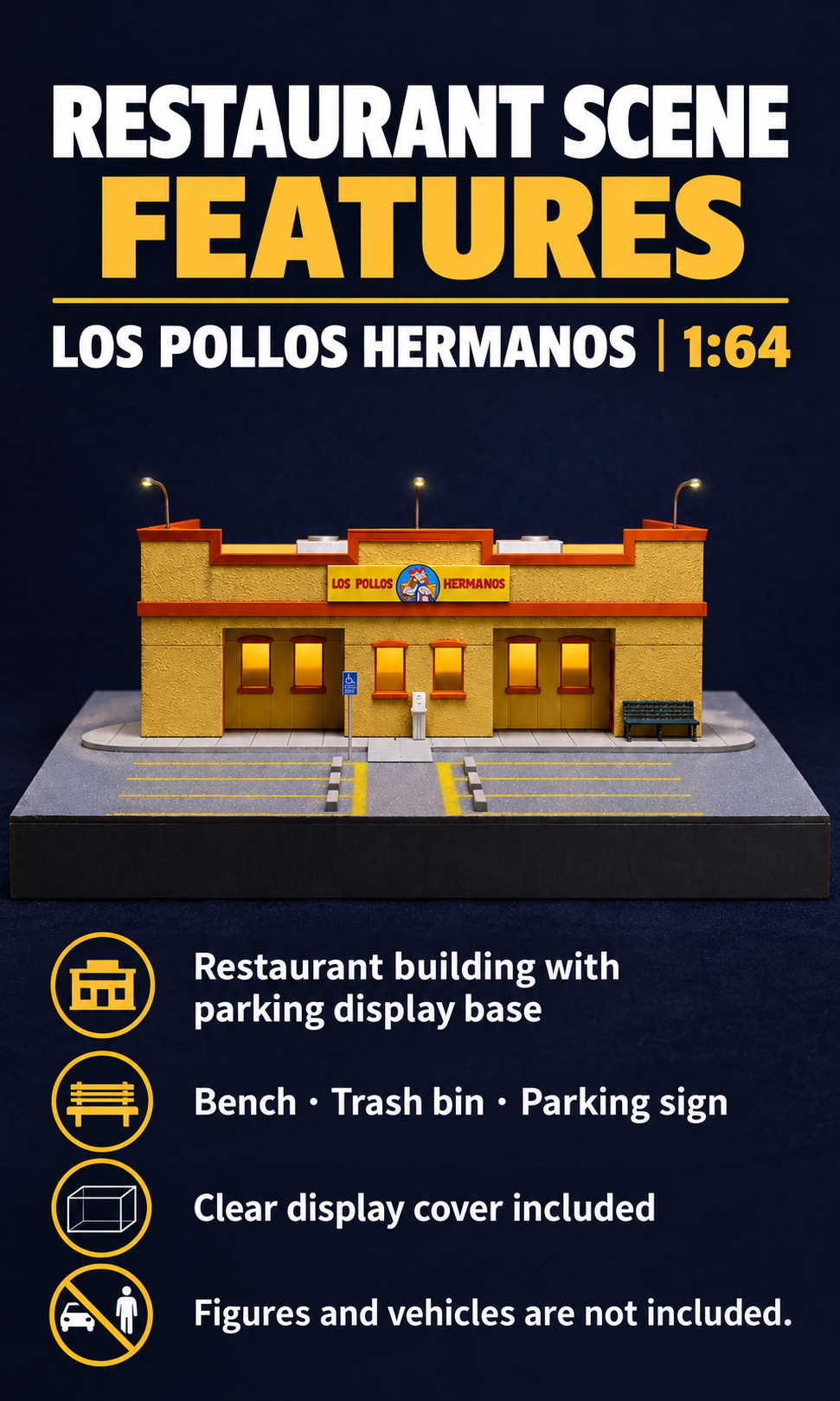 Restaurant configuration card listing the building, parking base, bench, trash bin, parking sign and clear cover; figures and vehicles are not included