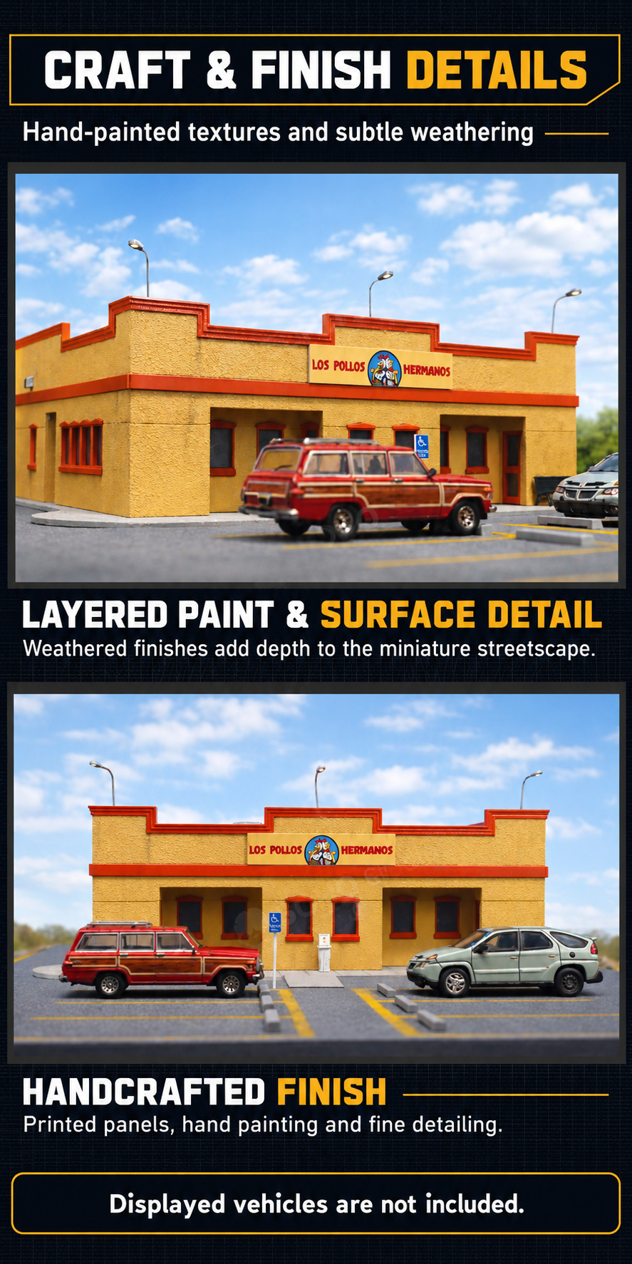 Two restaurant model photographs showing layered paint, weathered surfaces and hand-finished facade details; displayed vehicles are not included