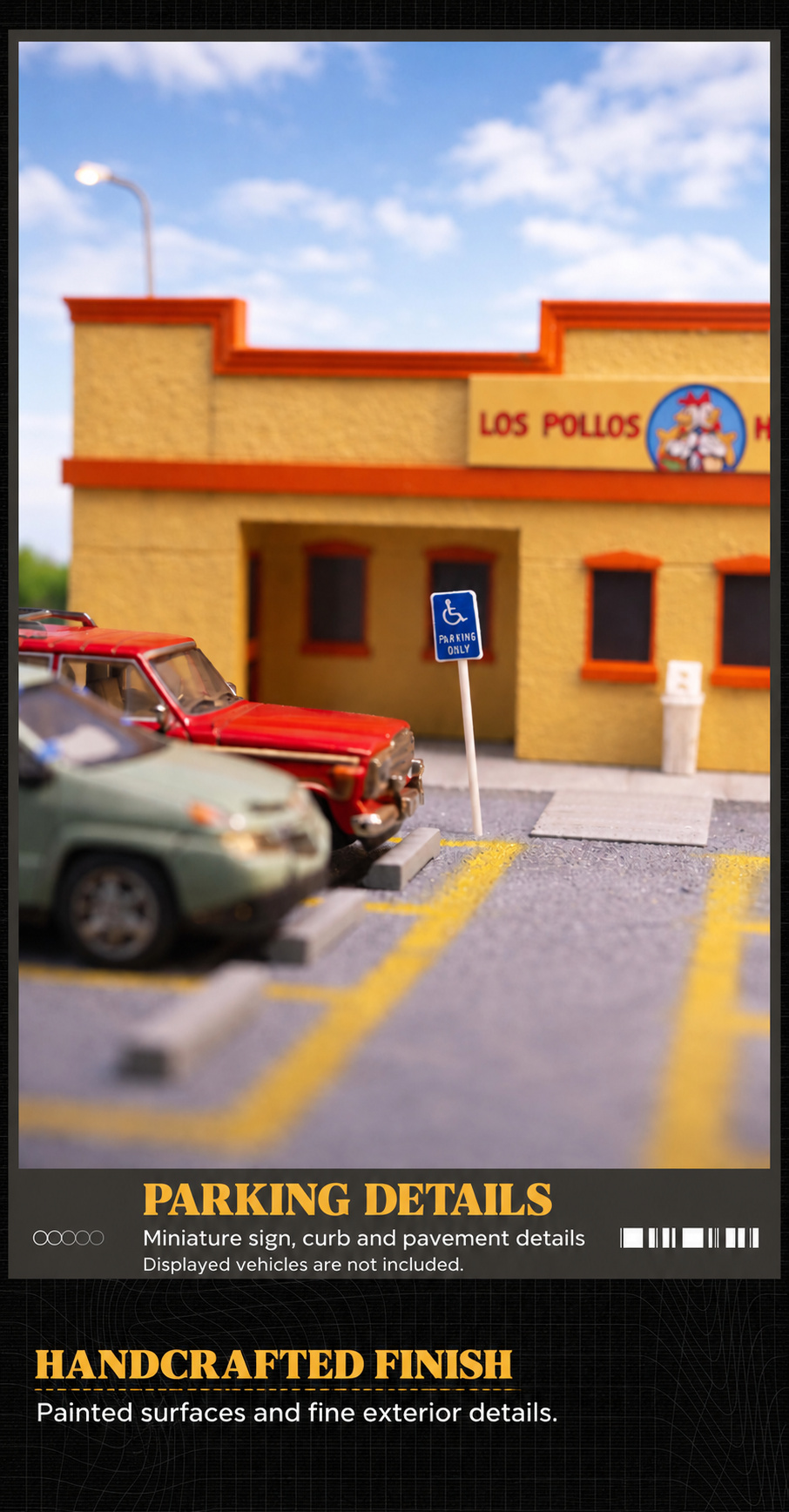 Close-up of miniature parking details, accessible parking sign, curb and pavement beside the facade; displayed vehicles are not included