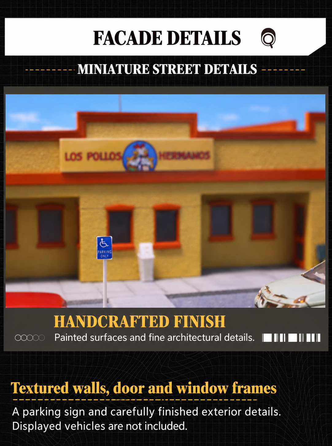 Restaurant facade close-up showing the sign, textured walls, door and window frames, parking sign and trash bin; displayed vehicles are not included