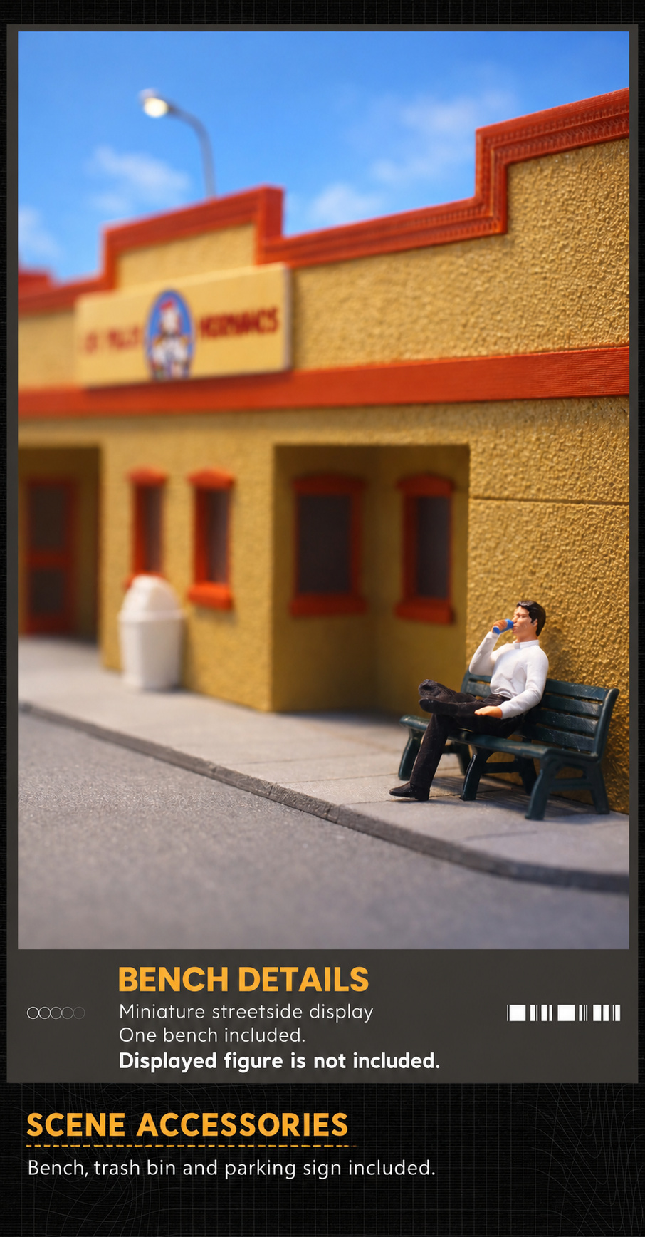 Miniature bench and seated display figure beside the restaurant wall; one bench is included, but the displayed figure is not included