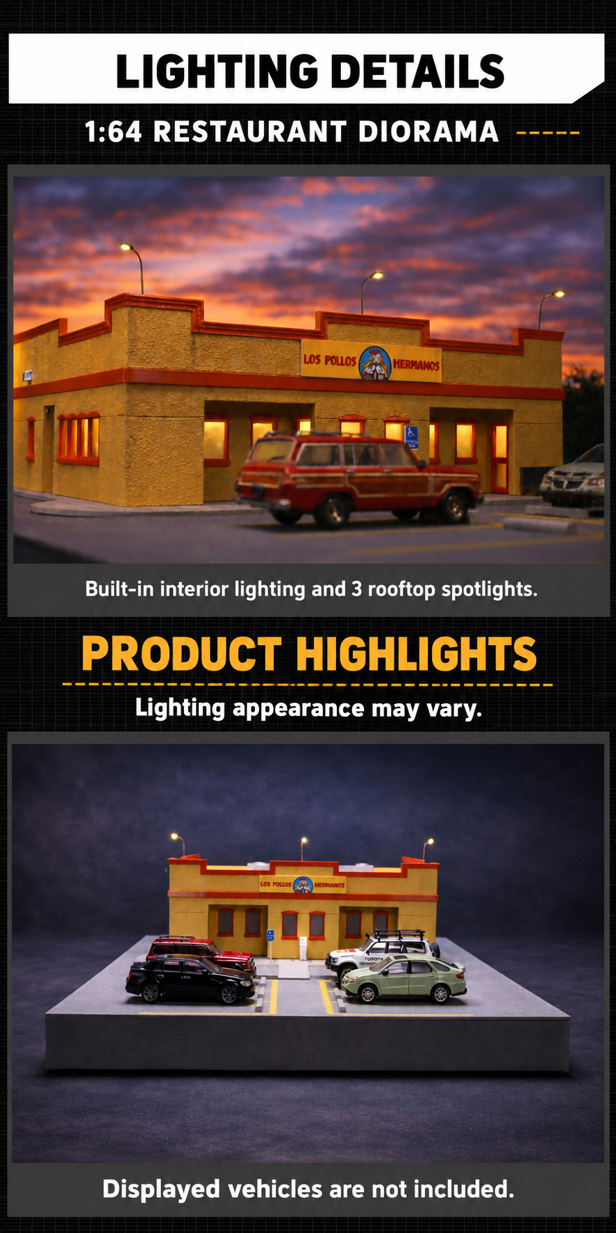 Two lighting photographs showing illuminated restaurant windows and three roof-mounted spotlights; displayed vehicles are not included and lighting appearance may vary