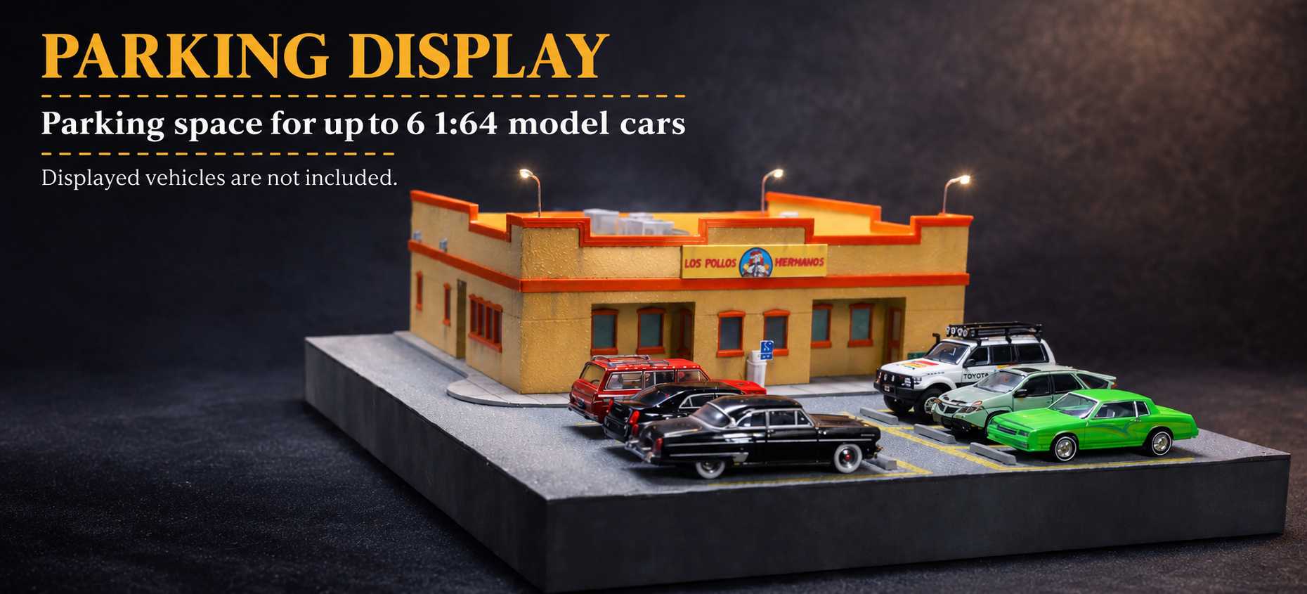 Parking display with capacity for up to six 1:64 model cars; the photographed vehicles are not included