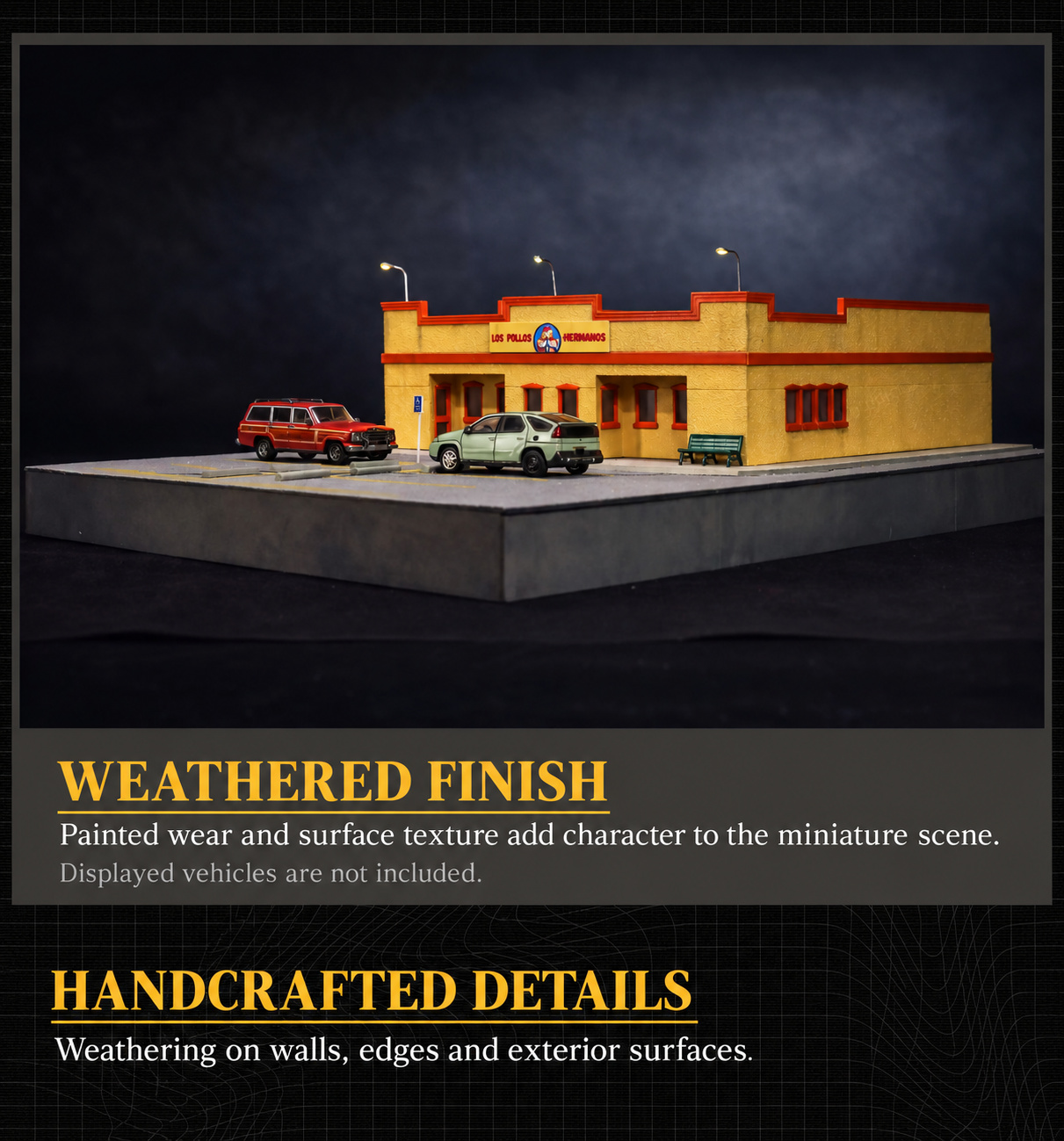 Restaurant and parking base showing painted weathering on the walls, edges and exterior surfaces; displayed vehicles are not included