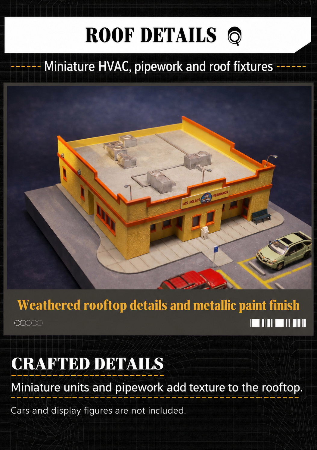 Elevated rooftop close-up showing miniature HVAC units, pipework and roof fixtures; displayed cars and figures are not included