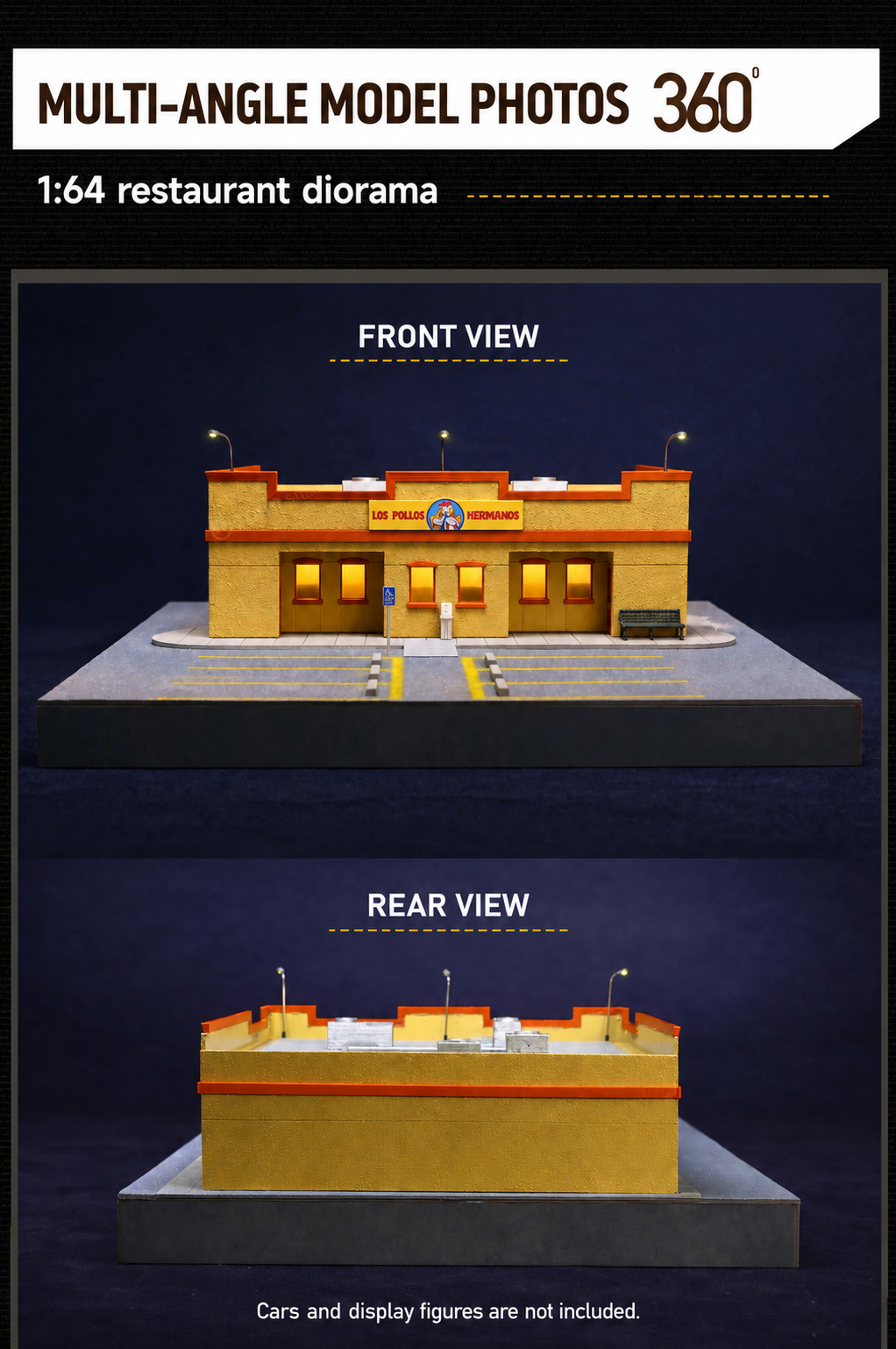 Front and rear photographs of the restaurant diorama showing the facade, roof fixtures and parking display base