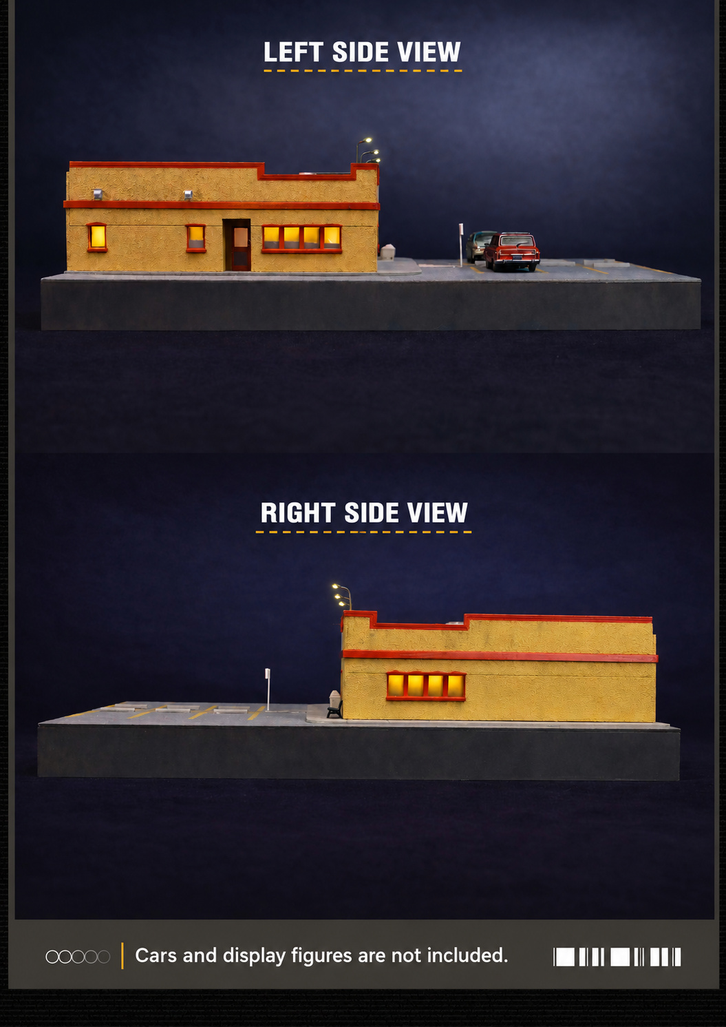 Left and right side views of the restaurant model and parking base; displayed cars and figures are not included