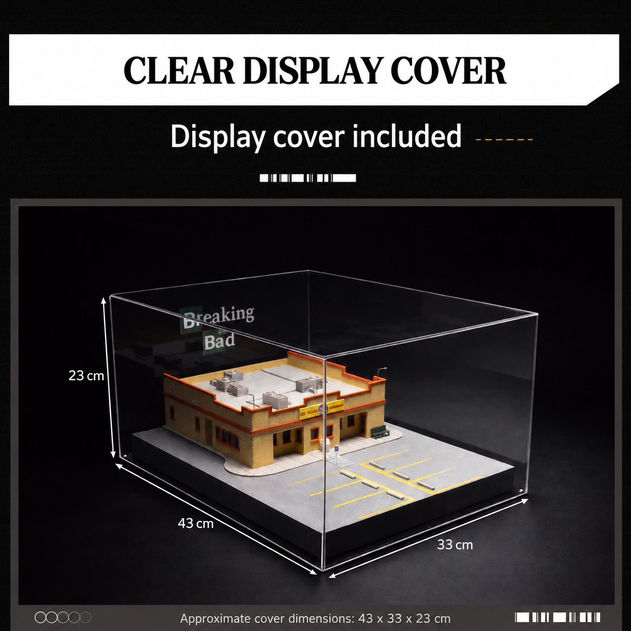 Restaurant diorama with its included clear display cover, approximately L43 by W33 by H23 cm