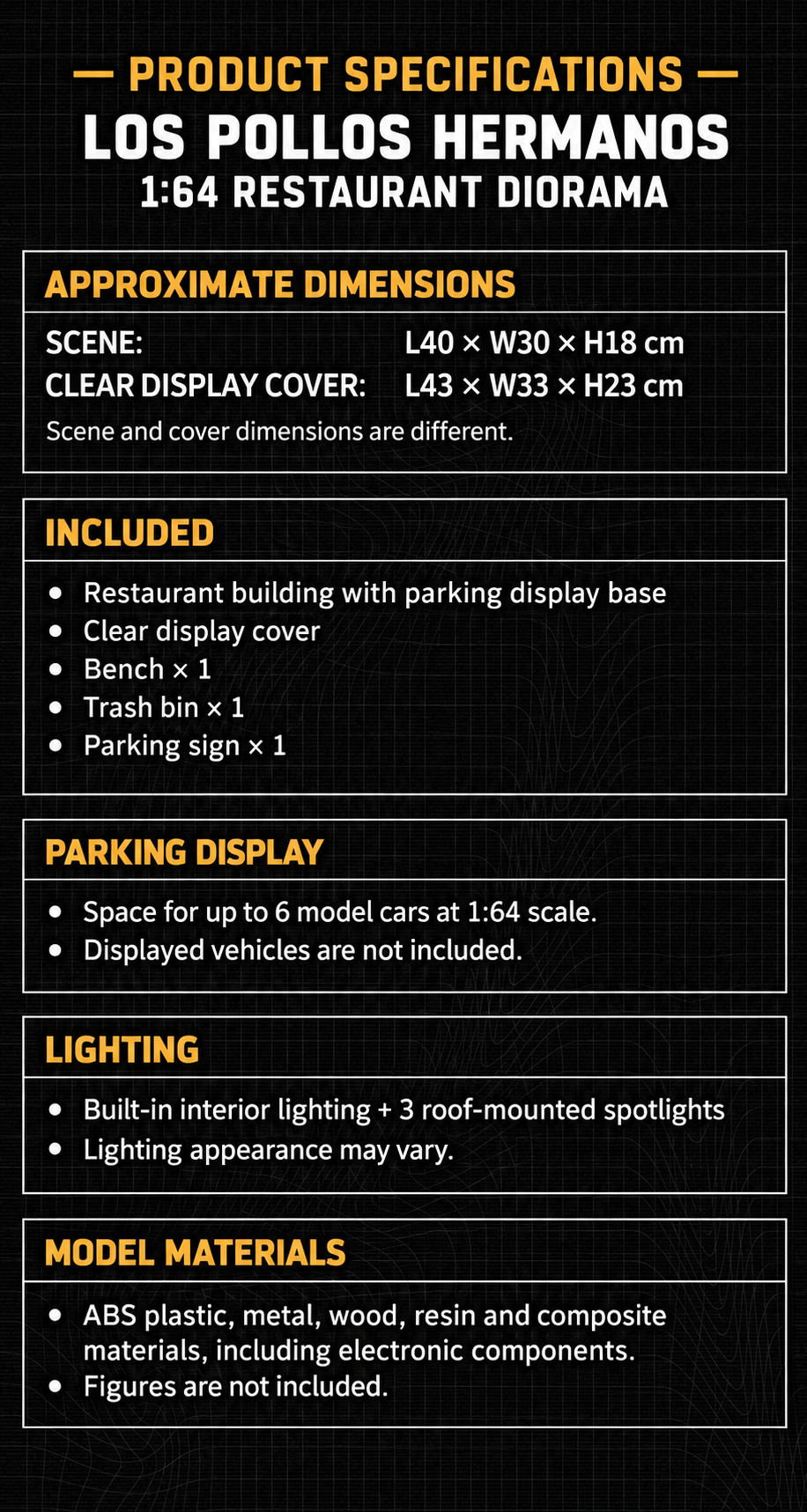 Restaurant specifications: scene L40 by W30 by H18 cm, clear cover L43 by W33 by H23 cm, contents, parking capacity, lighting and model materials