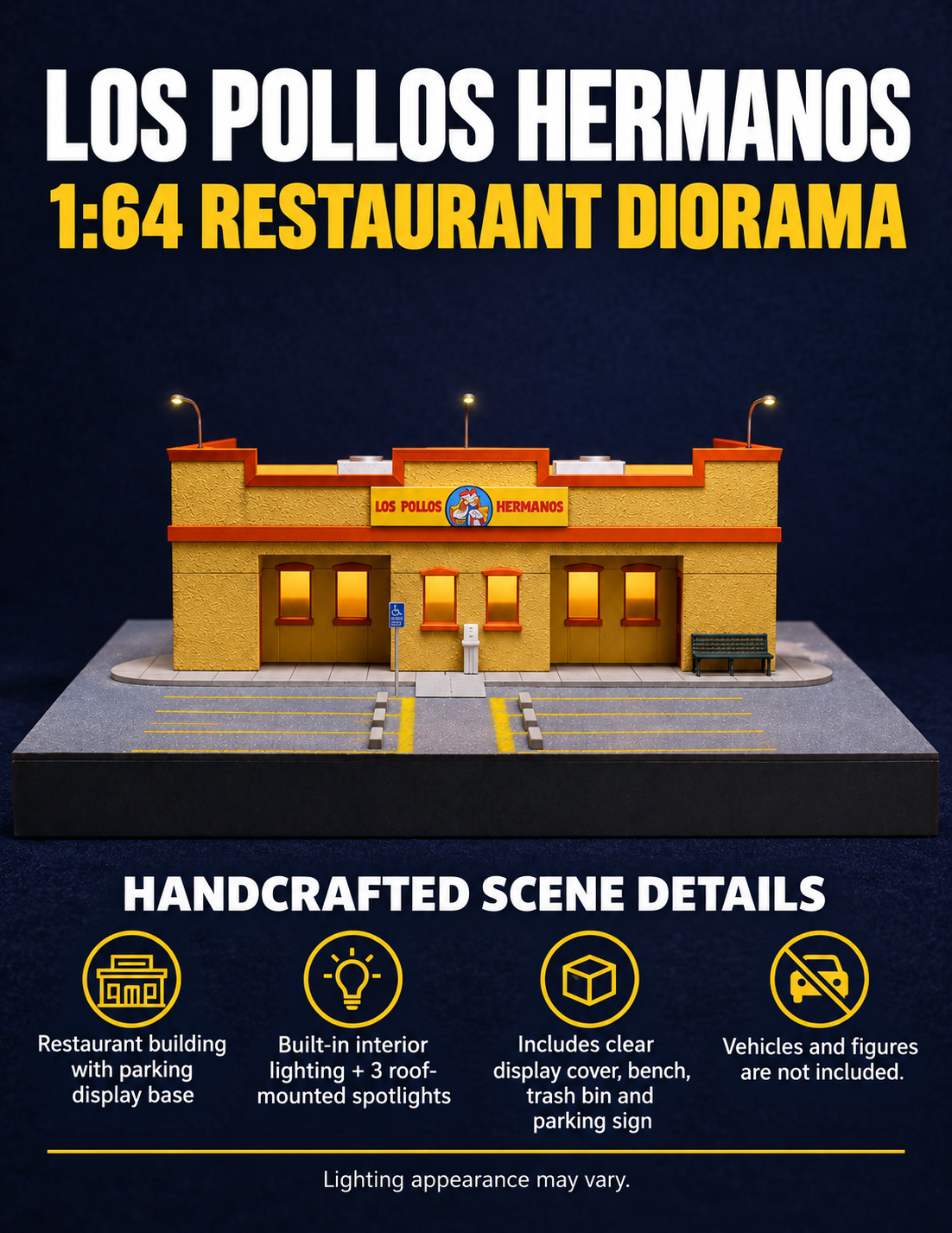 Restaurant scene summary showing the parking base, interior lighting, three roof lamps, included cover and accessories; vehicles and figures are not included
