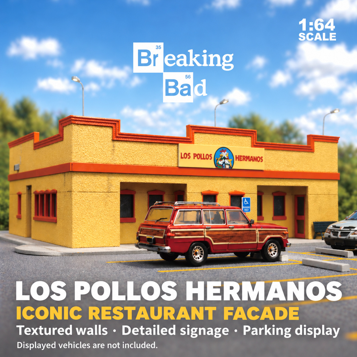 Close front three-quarter view of the miniature restaurant facade, textured walls, signs and display cars; vehicles are not included