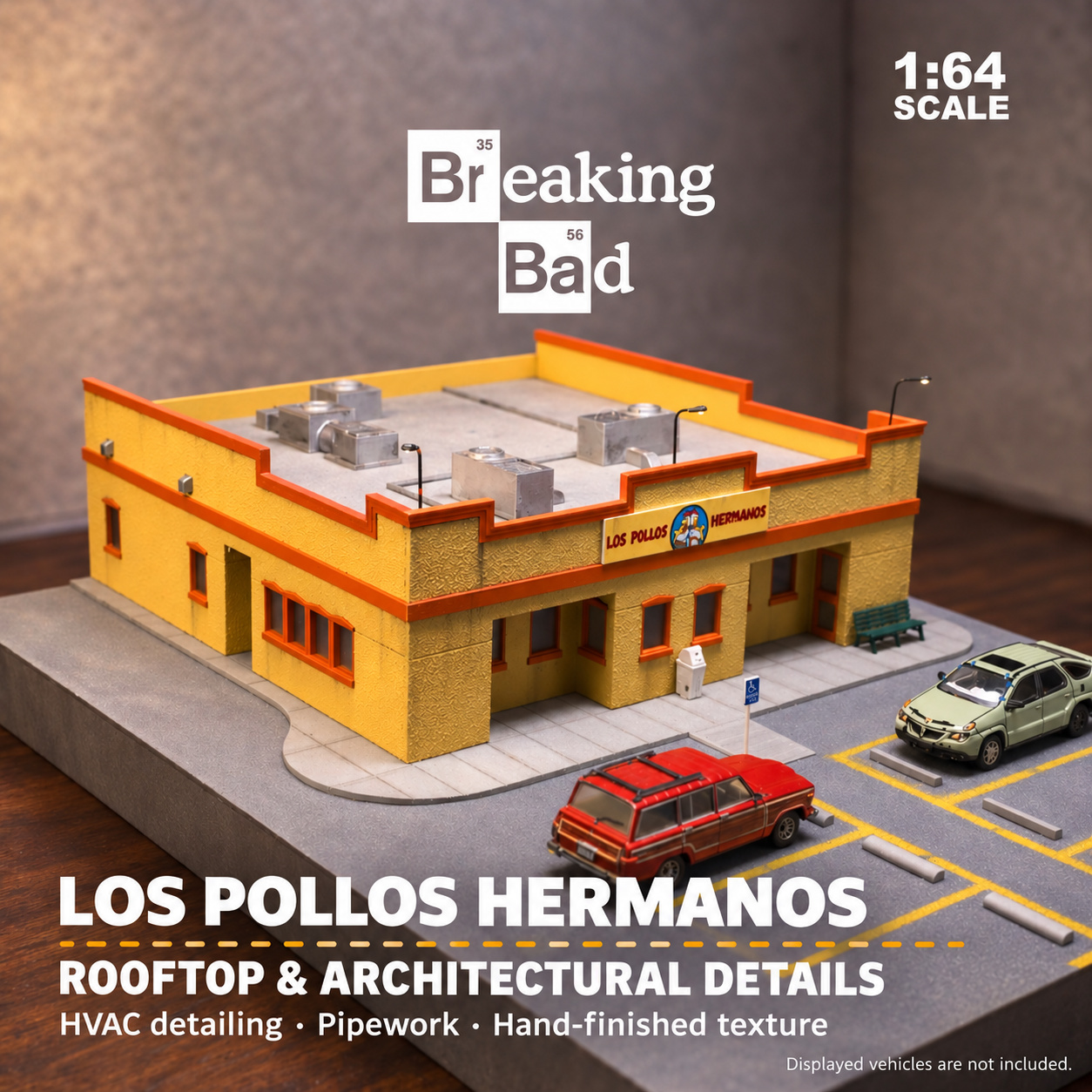Elevated view of the restaurant model showing rooftop units, pipework, orange-red trim and parking base; displayed cars are not included