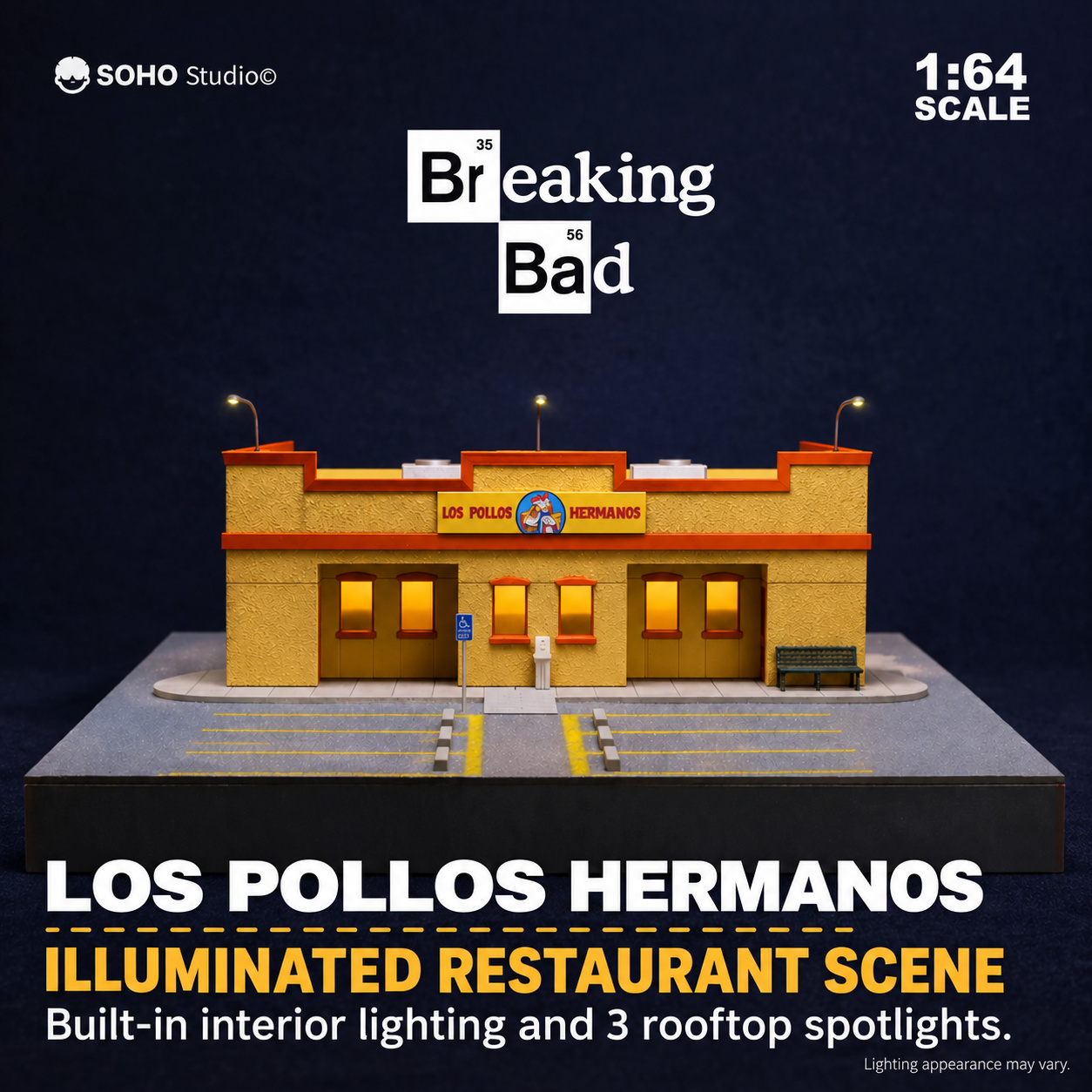Front-facing Los Pollos Hermanos restaurant model with illuminated windows and three roof-mounted spotlights on its parking base