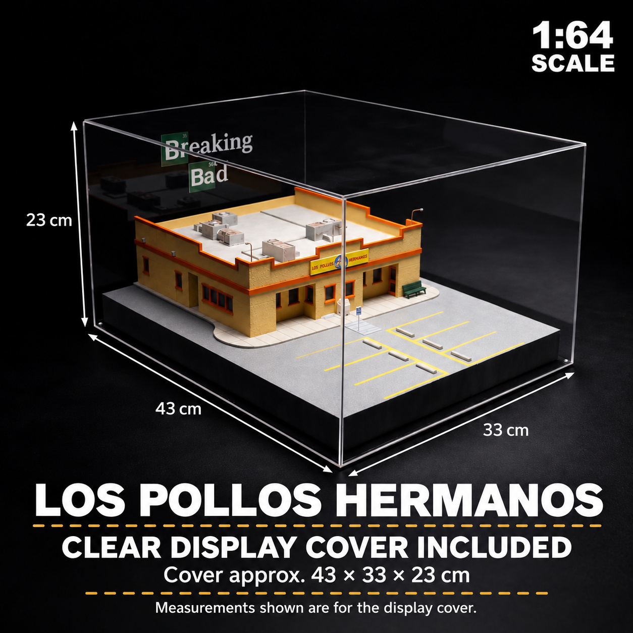 Restaurant diorama beneath its clear display cover, with cover dimensions marked approximately 43 by 33 by 23 cm