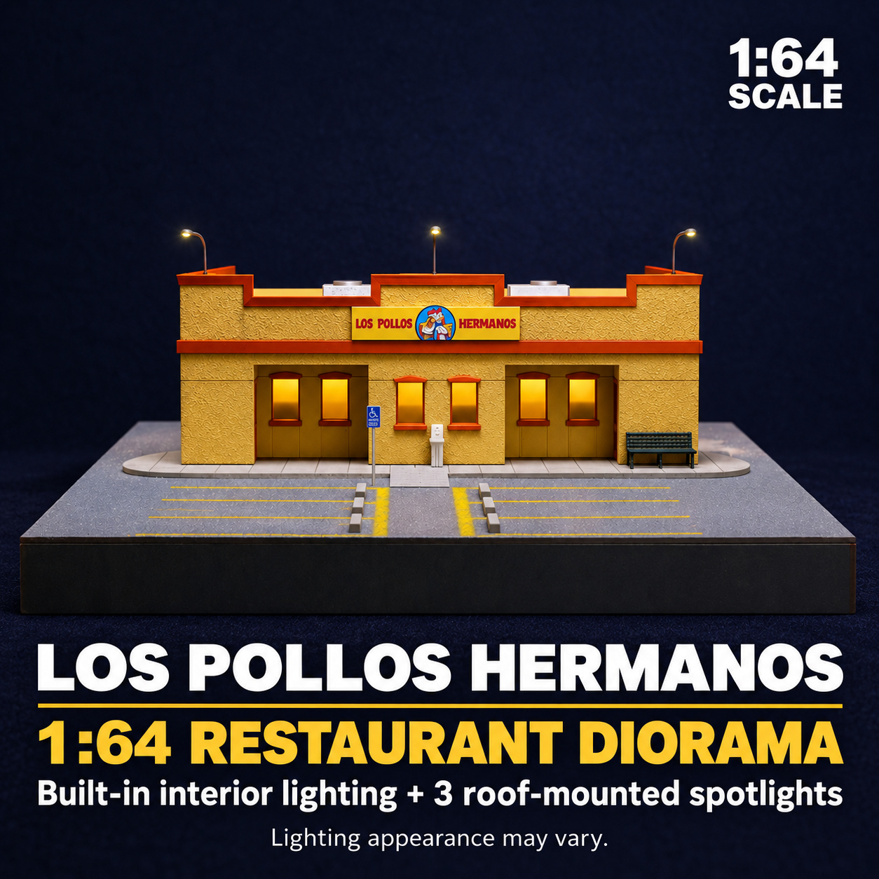 Single 1:64 restaurant diorama configuration shown from the front, with interior lighting and three roof-mounted spotlights