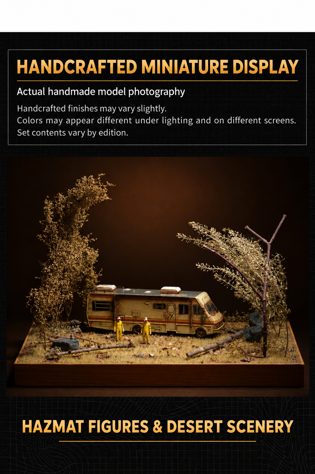 Handcrafted miniature display overview using an actual photograph of the weathered RV, hazmat figures and tree-covered desert scene