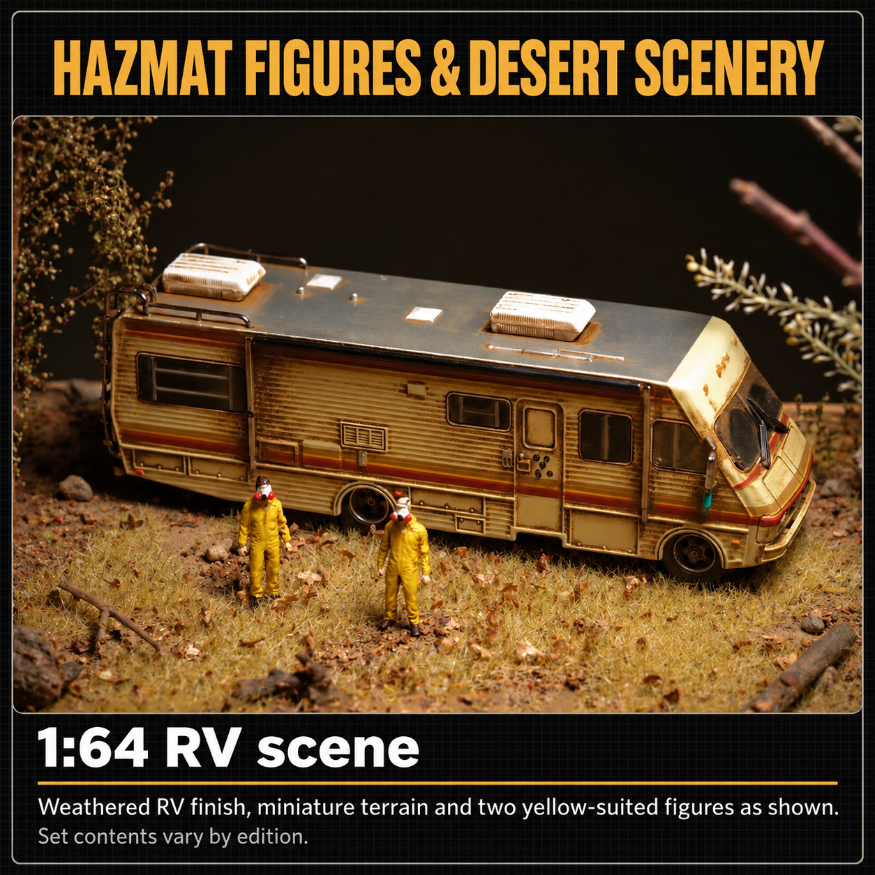 Closer overhead view of the weathered RV and two yellow hazmat-suit figures on textured desert terrain