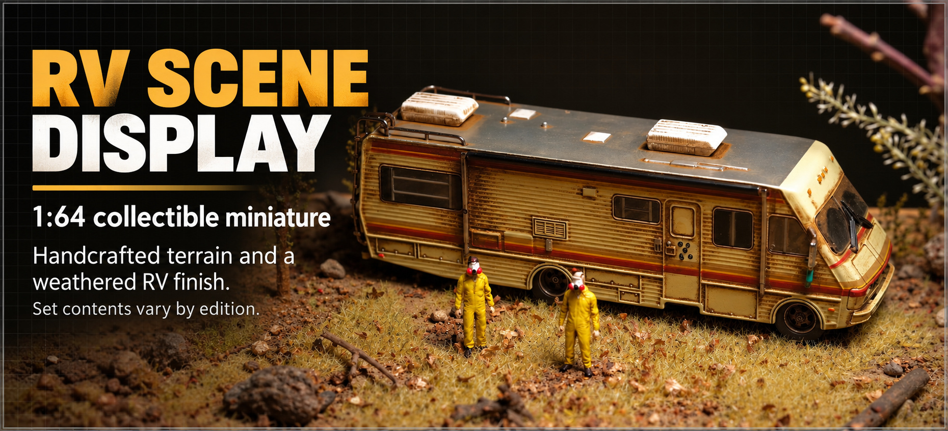 Wide RV scene photograph with two yellow hazmat-suit figures, handcrafted terrain and weathered exterior